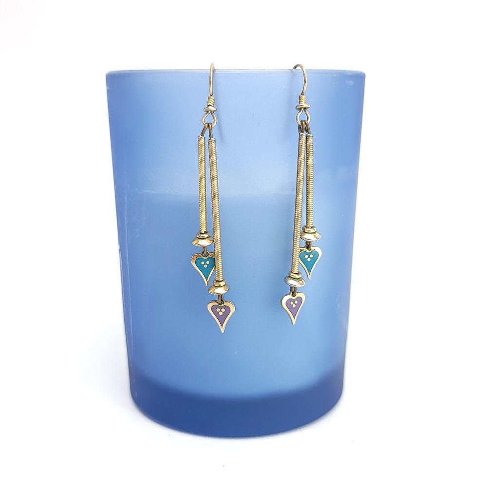 Laurel Burch Cloisonne Heart Earrings Purple Teal Gold Dangle Drop Vintage 80s